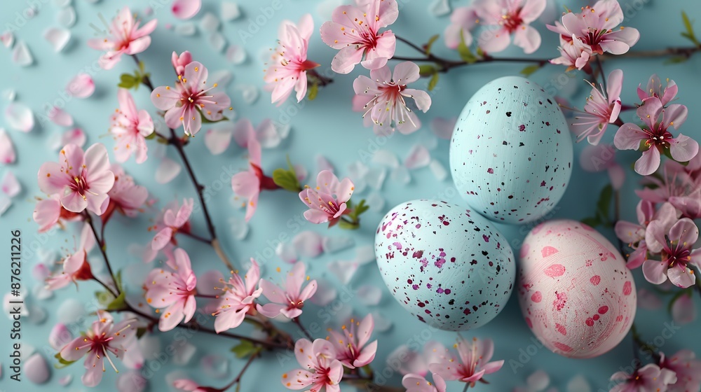 flat lay composition,easter eggs,marble stone effect spring flowers rabbits on pastel blue background.photo