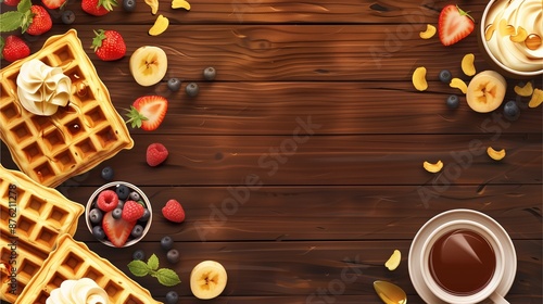 Crispy waffles served with syrup, whipped cream, and fresh fruits background. photo