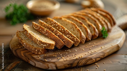 High-Resolution Close-Up of Sliced Multiseed Bread on Wooden Board photo