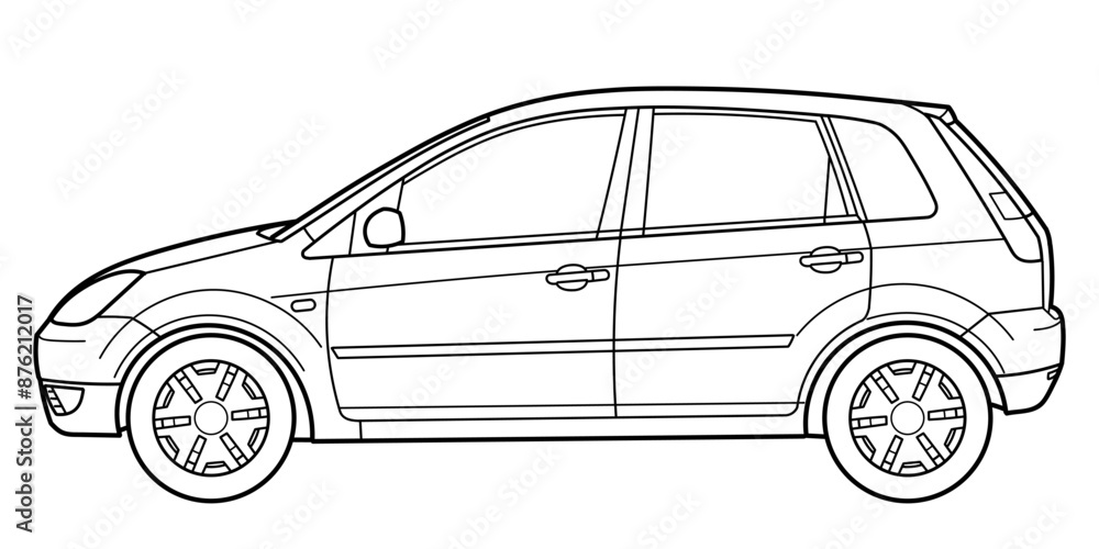 Outline drawing of a hatchback car from side view. Classic style. Vector outline doodle illustration. Design for print or color book Outline drawing of a hatchback car from side view. Classic style. Vector outline doodle illustration. Design for print or color book