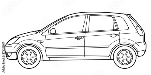 Outline drawing of a hatchback car from side view. Classic style. Vector outline doodle illustration. Design for print or color book