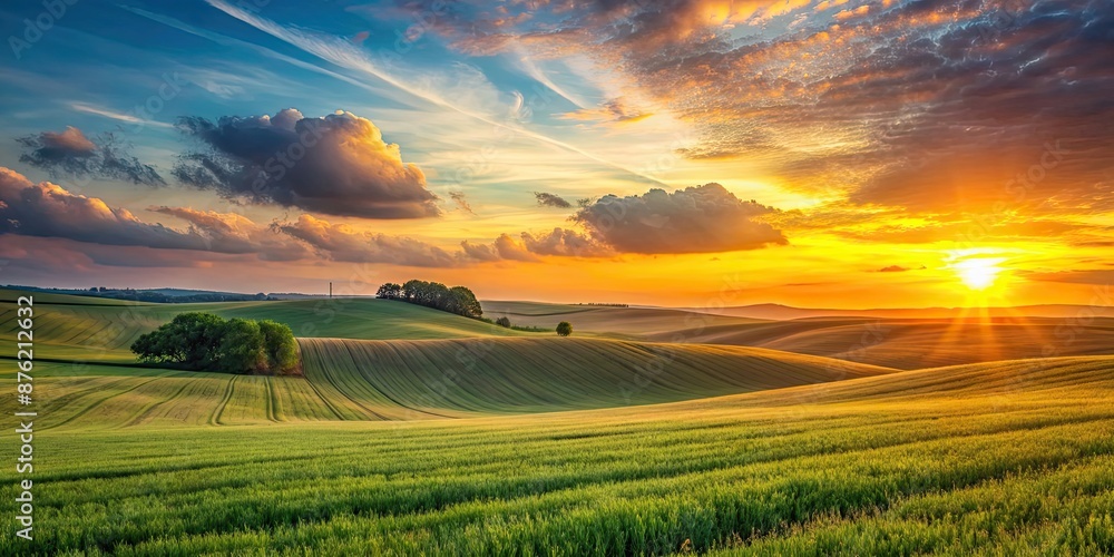 Fototapeta premium Sunset over rolling fields with smooth textures and soft gradients, sunset, rolling fields, smooth, textures