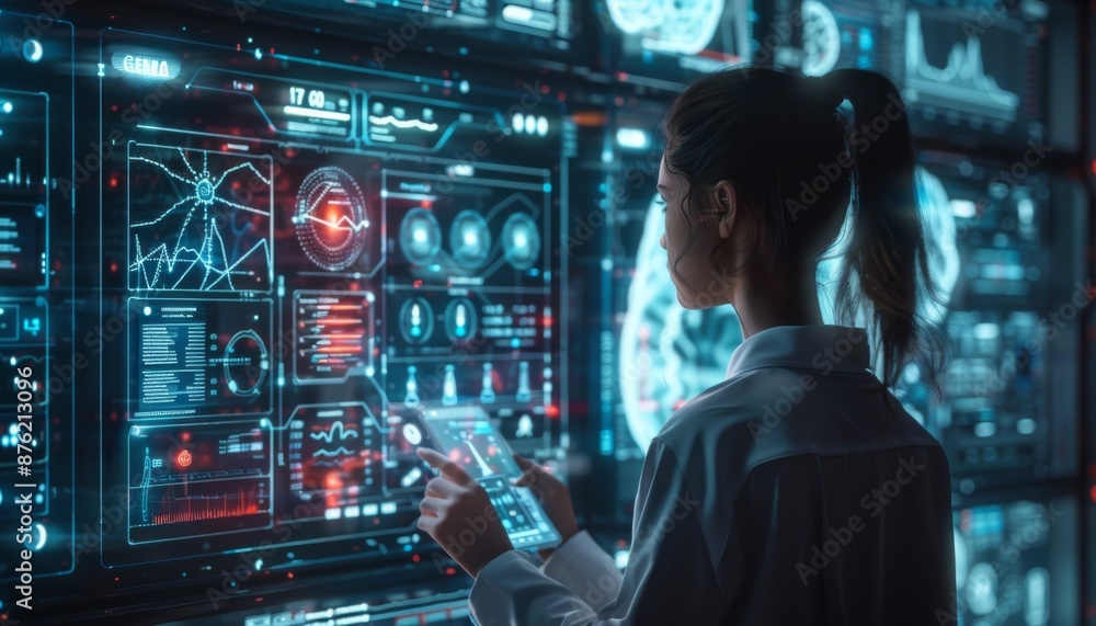 captures the advanced technology in virtual health, featuring an AI-powered assistant providing medical advice through a virtual interface