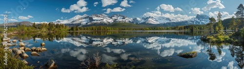 Majestic Reflections: Serene Mountain Lake with Snow-Capped Peaks in Tranquil Wilderness
