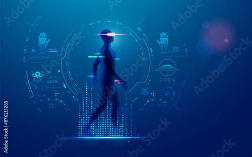 concept of vr or virtual reality, graphic of man with laser element using augmented reality interface