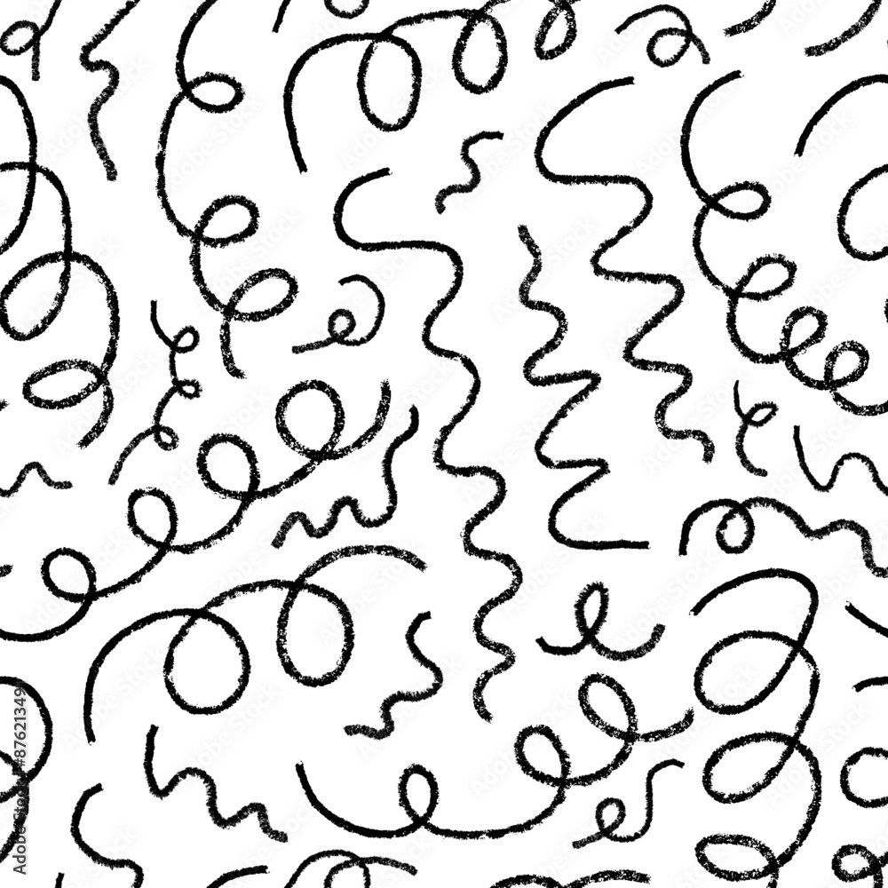 Seamless pattern with chaotic squiggly crayon lines. Vector outline background. Abstract curly and quirky charcoal doodles Seamless pattern with chaotic squiggly crayon lines. Vector outline background. Abstract curly and quirky charcoal doodles