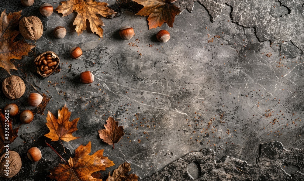 Top view of a dark granite countertop, frame of autumn leaves and nuts Top view of a dark granite countertop, frame of autumn leaves and nuts