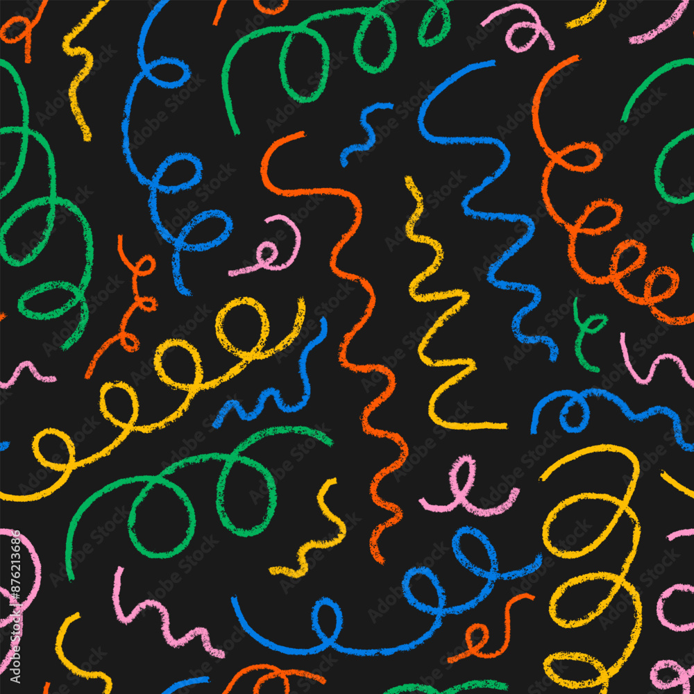 Obraz premium Seamless pattern with chaotic squiggly colorful crayon lines. Vector outline background. Abstract curly and quirky charcoal doodles