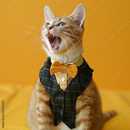 ginger cat with open mouth in suit with bow tie on black background.
Concept: pets and humor