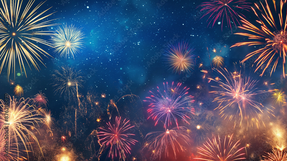 Fototapeta premium Fireworks lighting up the night sky with copy space