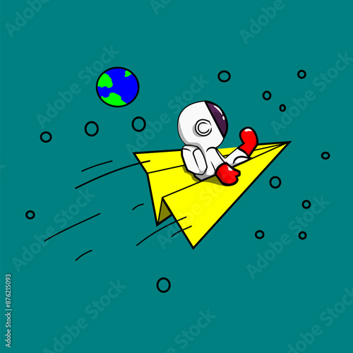 astronaut boy flying with paper airplane