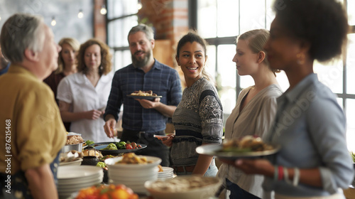A group of coworkers having a Labor Day potluck lunch with copy space