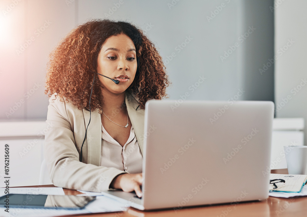 Laptop, headset and woman receptionist in office for calls and email with client feedback. Contact us, talk and female secretary working on computer for company online communication with business crm Laptop, headset and woman receptionist in office for calls and email with client feedback. Contact us, talk and female secretary working on computer for company online communication with business crm
