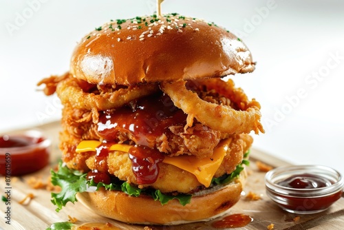 Chikcen burger with onion rings, chicken tender, bbq sauce, cheese slice, crispy chicken patty served on wooden board with mini bowls of sauce on white background photo