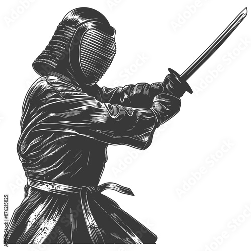 Illustration of a kendo warrior in a dynamic and powerful pose, fully equipped with a traditional samurai sword and protective armor.