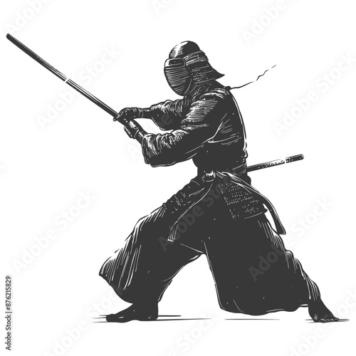 Black and white illustration of a samurai warrior in traditional clothing and armor, practicing a sword kata with a determined expression.