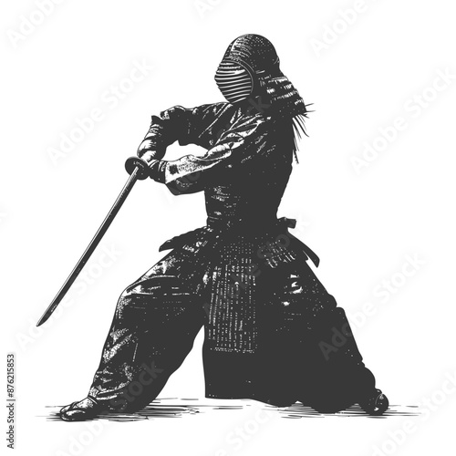 Illustration of a determined kendo warrior in a dynamic pose, ready to strike with his sword during a fierce battle