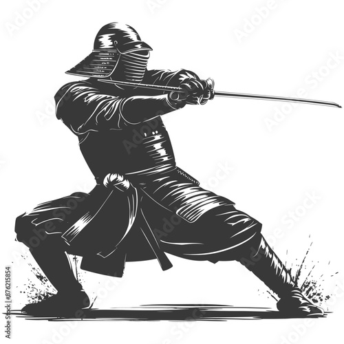 Samurai warrior in traditional armor and helmet, ready to attack with a sword