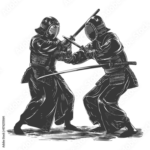 Epic illustration of two kendo fighters in traditional armor engaged in an intense bamboo sword duel