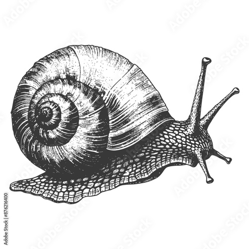Detailed black and white line drawing of a snail