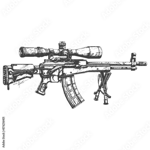 Detailed illustration of a military assault rifle with scope