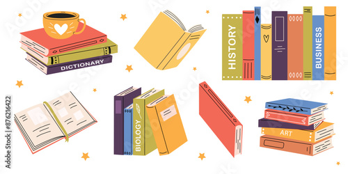 Cute vector book collection. Different stacks of books, open books. Educational theme. White isolated background.