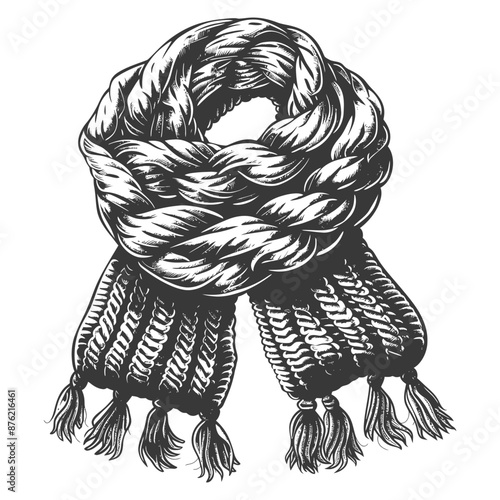 Black and white detailed drawing of a hand-knitted wool scarf with tassels