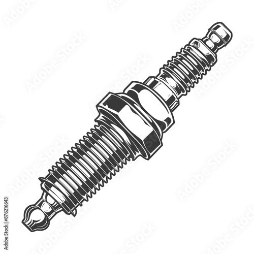 Detailed illustration of a spark plug in black and white