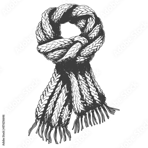 Black and white hand drawn illustration of a knitted scarf with tassels