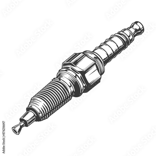 Detailed illustration of a spark plug in black and white