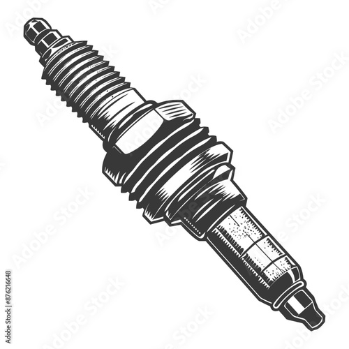 Detailed illustration of a spark plug in black and white