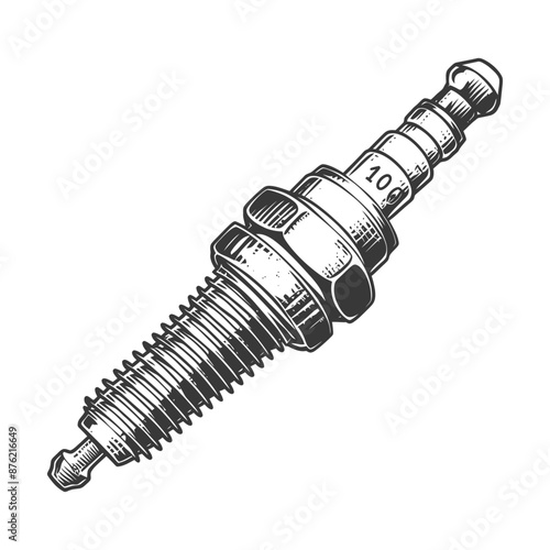 Detailed illustration of a spark plug in black and white, isolated on a white background
