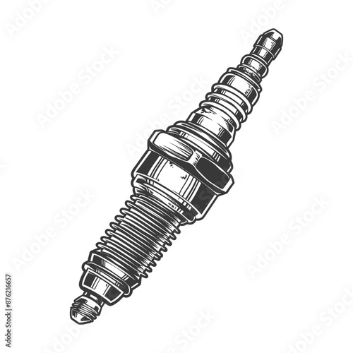 Detailed illustration of a spark plug in black and white
