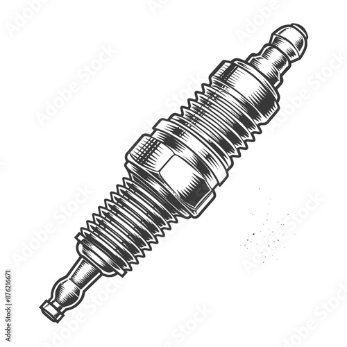 Detailed illustration of a spark plug in black and white