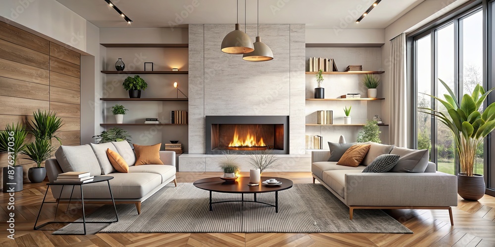 Modern living room with a cozy fireplace , contemporary, interior design, home decor, stylish, comfortable, luxury, firewood Modern living room with a cozy fireplace , contemporary, interior design, home decor, stylish, comfortable, luxury, firewood