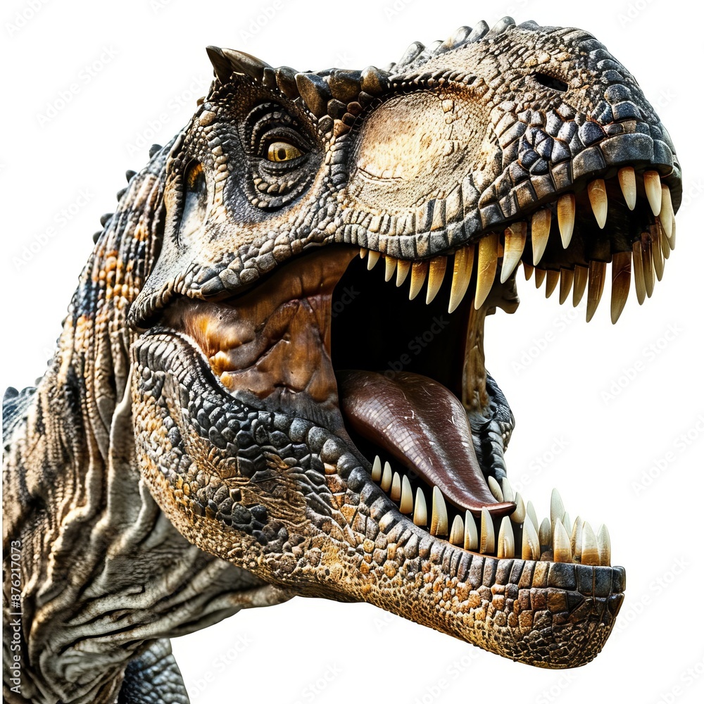 Close-up of a Tyrannosaurus Rex dinosaur head with mouth wide open and teeth bared Close-up of a Tyrannosaurus Rex dinosaur head with mouth wide open and teeth bared