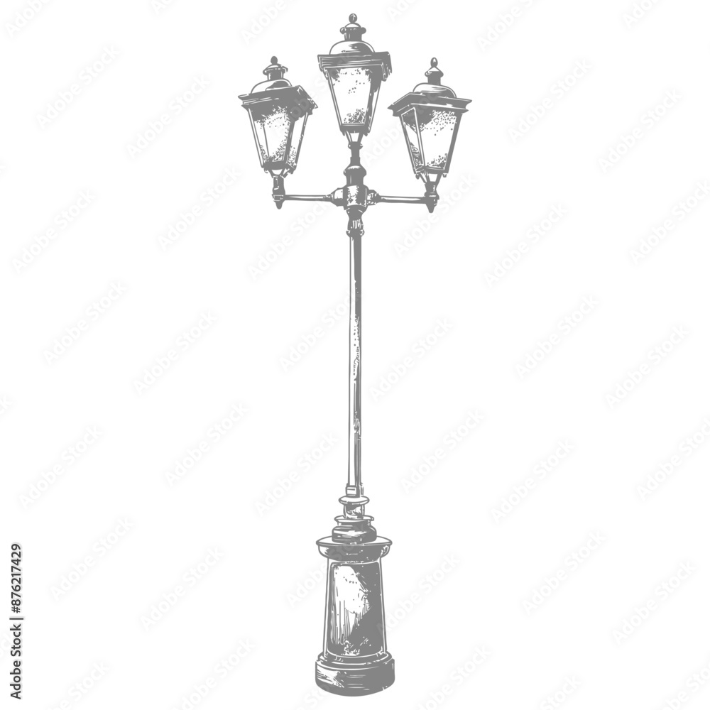 Elegant Triple-Lantern Streetlamp, Hand-Drawn Sketch, Gray Scale