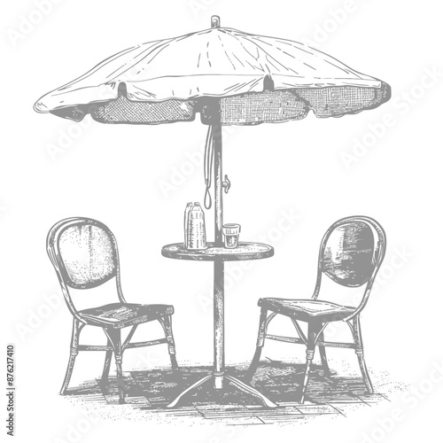 Vintage Sketch: Parisian Cafe Table under Parasol