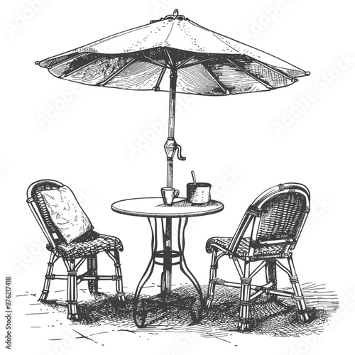 Vintage Sketch: Parisian Cafe Table with Parasol and Drinks