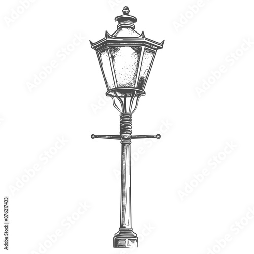 Hand-Drawn Vintage Streetlamp: Octagonal Lantern & Crossbar Detail