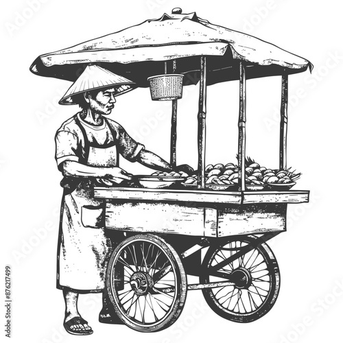 Hand-Drawn Illustration: Vietnamese Street Food Vendor with Cart and Conical Hat