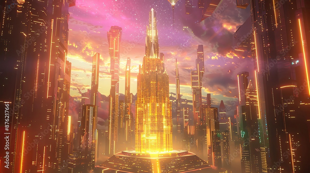 Obraz premium Futuristic cityscape with glowing skyscrapers under a vibrant sky, showcasing an advanced civilization in a sci-fi setting.