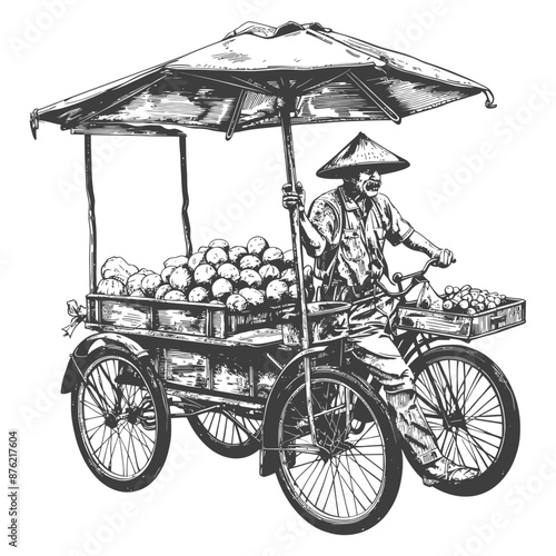 Hand-drawn Illustration: Asian Street Vendor on Three-Wheeled Bicycle Cart Selling Fruit