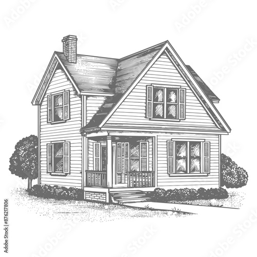 Hand-Drawn Vintage Suburban Home with Gable Roof and Shutters
