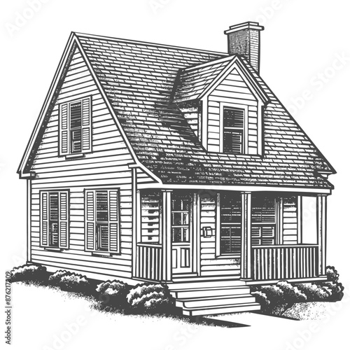 Vintage Engravings Style Cottage House Illustration