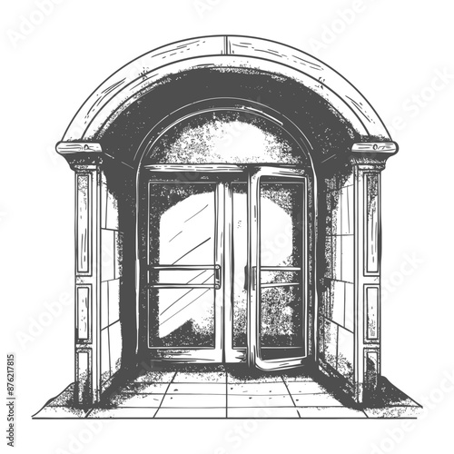 Hand-Drawn Revolving Door Entrance with Archway and Stone Pillars