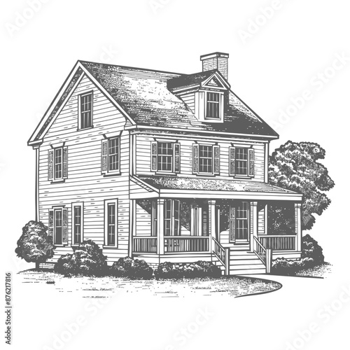 Vintage Hand-Drawn Illustration of a Two-Story Colonial Farmhouse with Wrap-Around Porch