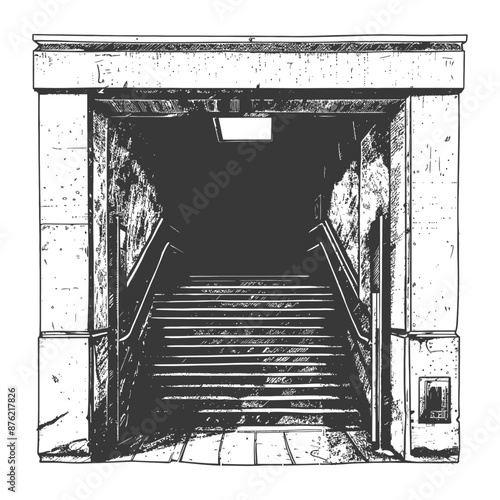 Hand-Drawn Sketch:  Subway Entrance, Descending Stone Steps, Monochromatic