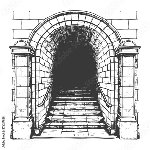 Engraved Illustration: Mysterious Archway Staircase Descent into Darkness