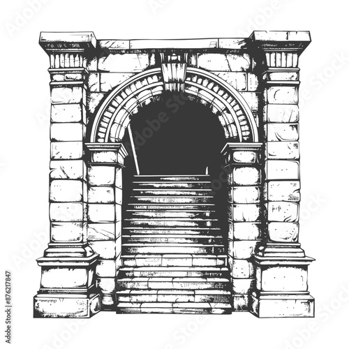 Stone Archway Entrance with Leading Staircase: Hand-Drawn Illustration